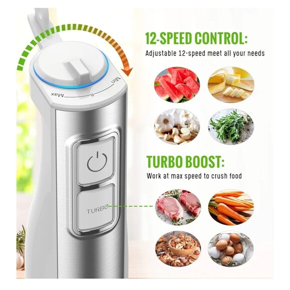 Immersion Blender 1100W 5-in-1 12-Speed Hand Stick, White - Picture 2 of 3